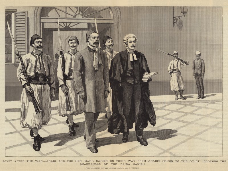 Egipto después de la guerra, Arabi y el Honorable Mark Napier en su camino desde la prisión de Arabi al tribunal, cruzando el patio de la Daira Sanieh de Frederic Villiers