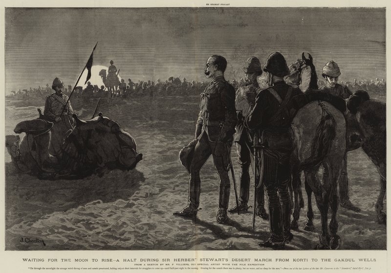 Esperando a que salga la luna, una parada durante la marcha por el desierto de Sir Herbert Stewart desde Korti hasta los pozos de Gakdul de Frederic Villiers