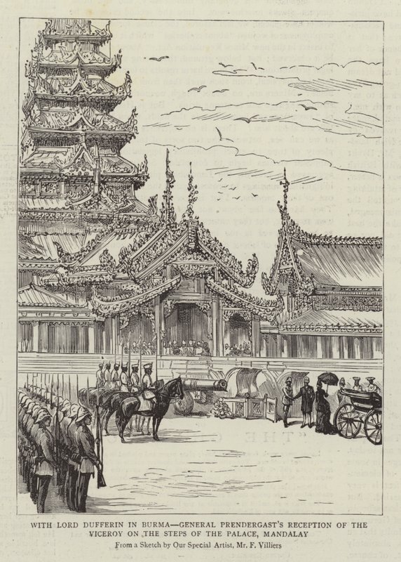 Con Lord Dufferin en Birmania, recepción del General Prendergast al Virrey en los escalones del Palacio, Mandalay de Frederic Villiers