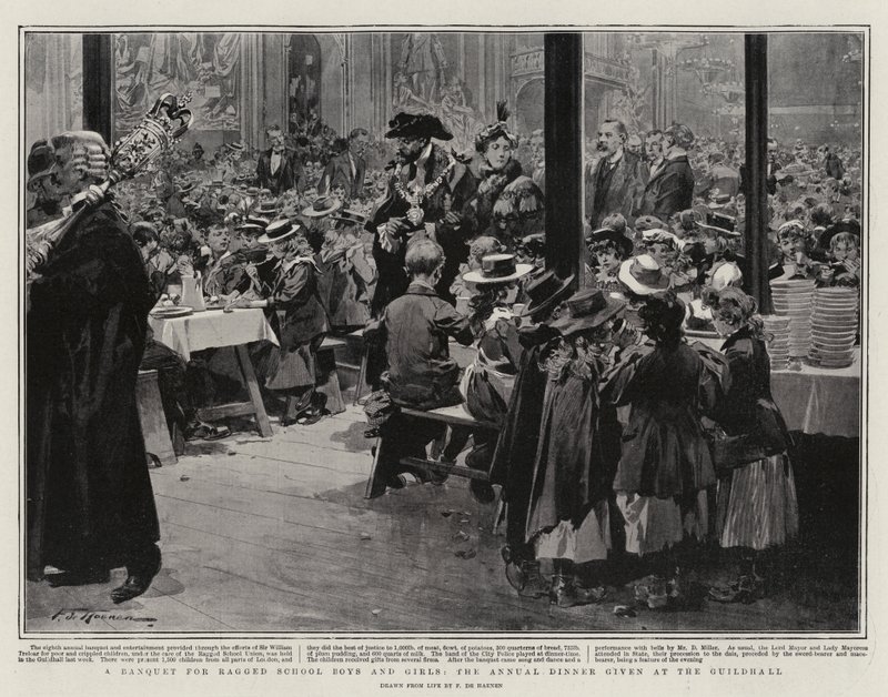 Un banquete para niños y niñas de escuelas pobres, la cena anual en el Guildhall de Frederic de Haenen