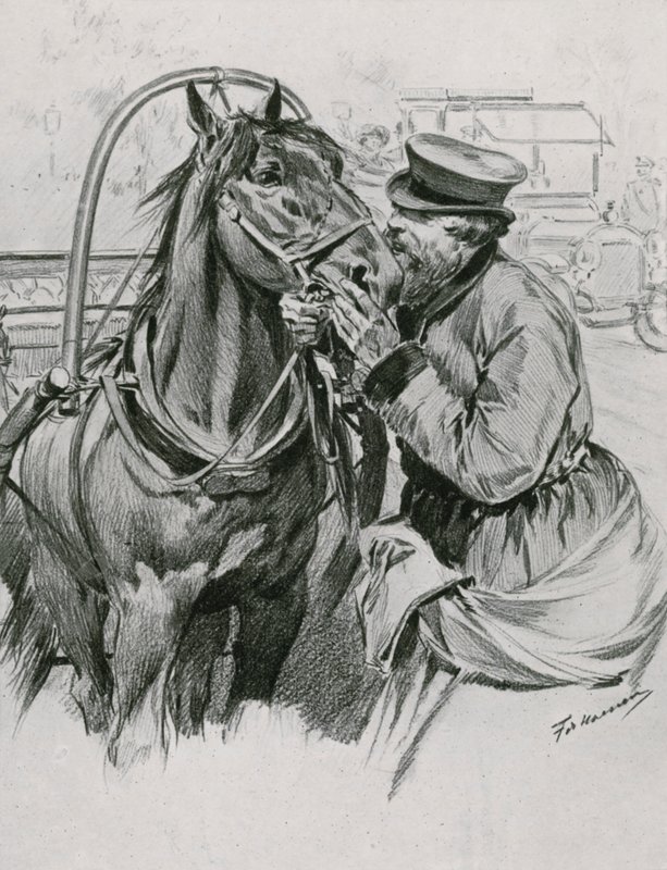 Un cochero besando a su caballo buenos días de Frederic de Haenen