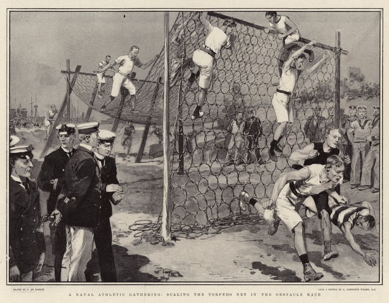 Una reunión atlética naval, escalando la red de torpedos en la carrera de obstáculos de Frederic de Haenen