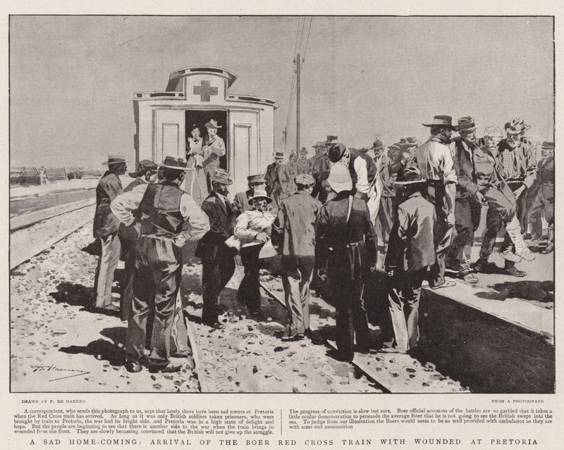 Un triste regreso a casa, llegada del tren de la Cruz Roja Bóer con heridos a Pretoria de Frederic de Haenen