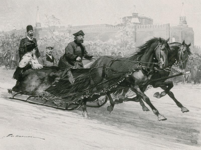 Un trineo con red de seda azul, para evitar que la nieve salpique a los ocupantes, el Kremlin al fondo de Frederic de Haenen