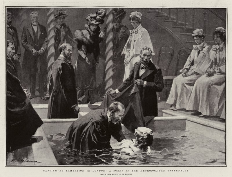 Bautismo por inmersión en Londres, una escena en el Tabernáculo Metropolitano de Frederic de Haenen