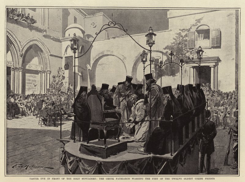 Víspera de Pascua frente al Santo Sepulcro, el Patriarca Griego lavando los pies de los doce sacerdotes griegos más antiguos de Frederic de Haenen