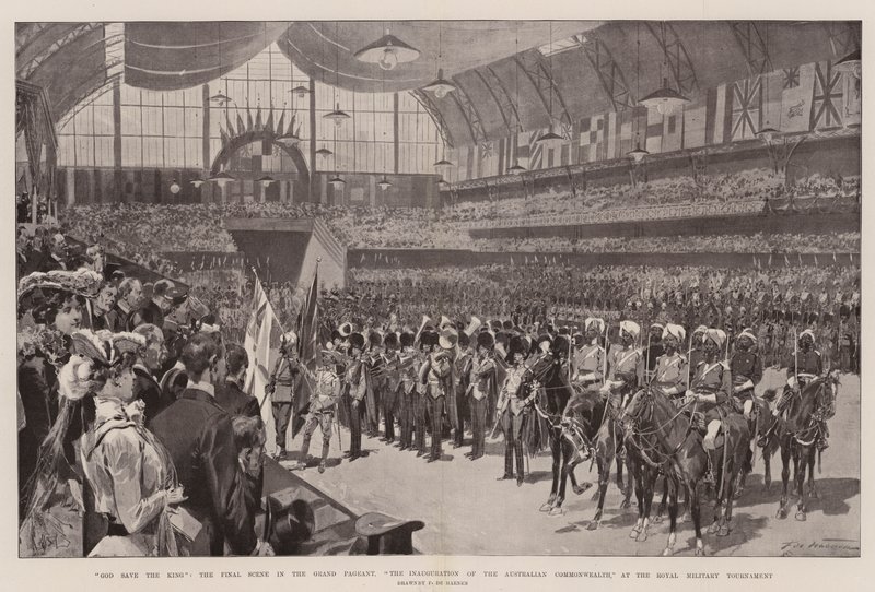 Dios salve al rey, la escena final en el gran desfile, la inauguración de la Commonwealth australiana, en el torneo militar real de Frederic de Haenen