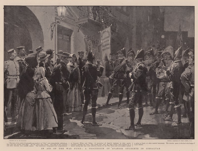 En ayuda del Fondo de Guerra, una procesión de estudiantes españoles en Gibraltar de Frederic de Haenen