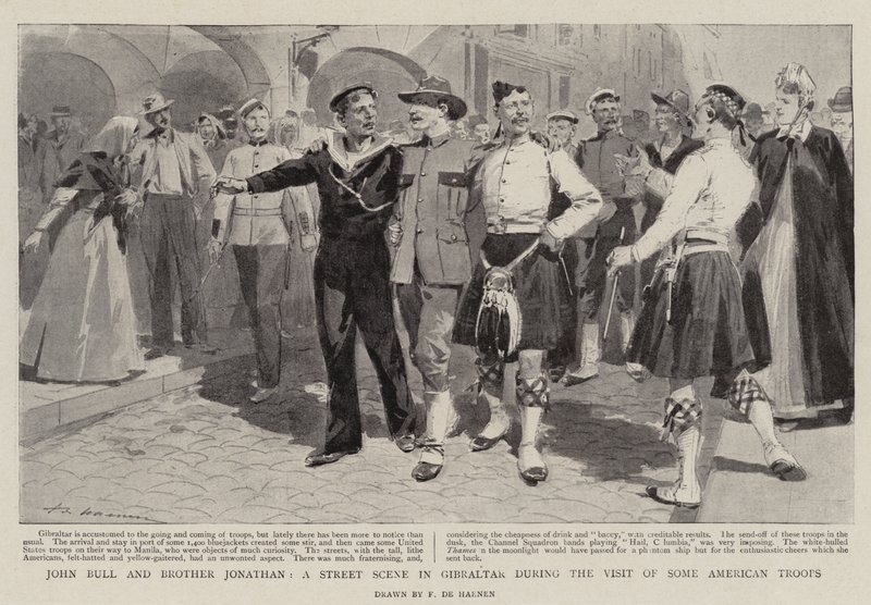 John Bull y el hermano Jonathan, una escena callejera en Gibraltar durante la visita de algunas tropas americanas de Frederic de Haenen