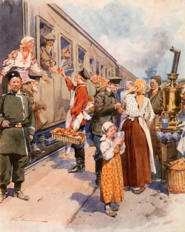 Vendedores de té en una estación de tren de campo de Frederic de Haenen