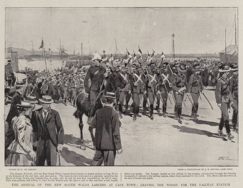 La llegada de los lanceros de Nueva Gales del Sur a Ciudad del Cabo, saliendo del muelle hacia la estación de tren de Frederic de Haenen