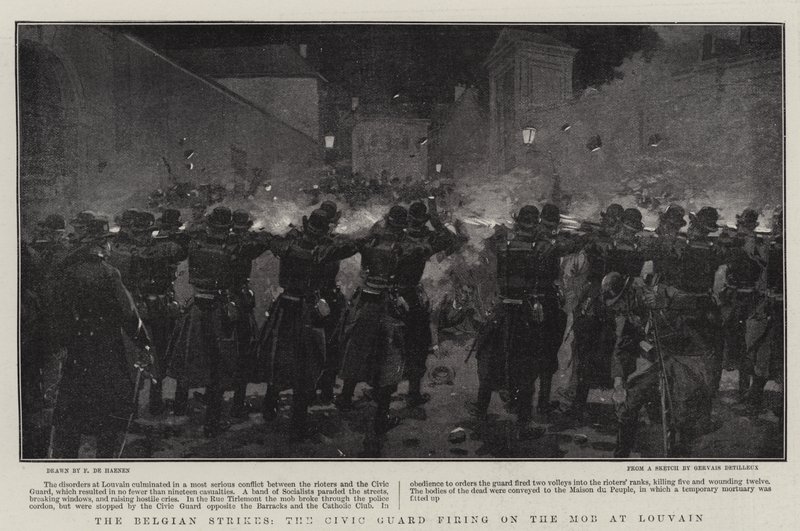 Las Huelgas Belgas, la Guardia Cívica disparando a la Multitud en Lovaina de Frederic de Haenen