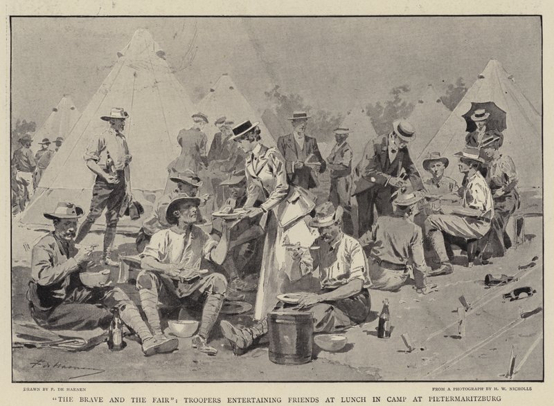 Los valientes y los justos, soldados entreteniendo amigos en el almuerzo en el campamento en Pietermaritzburg de Frederic de Haenen