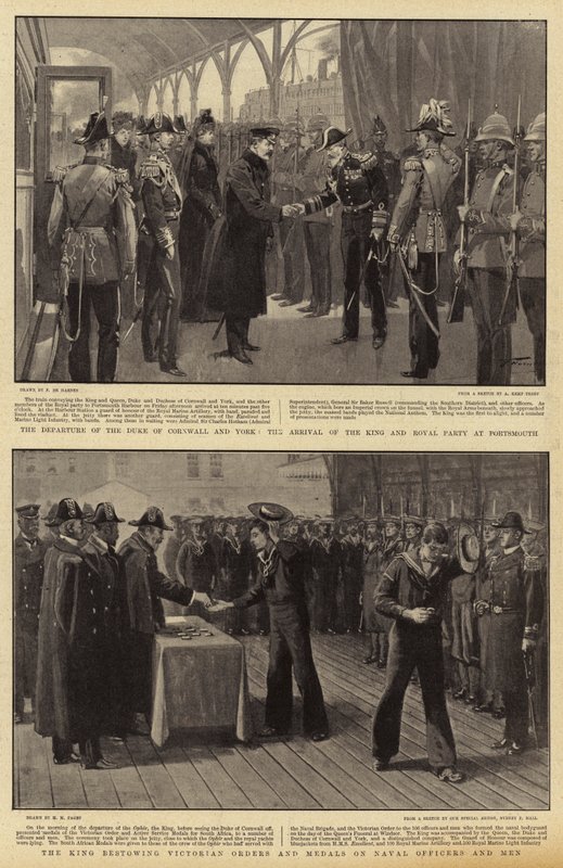 La partida del Duque de Cornualles y York, la llegada del Rey y la comitiva real a Portsmouth, el Rey otorgando Órdenes y Medallas Victorianas a Oficiales y Hombres Navales de Frederic de Haenen