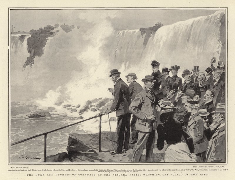 El Duque y la Duquesa de Cornwall en las Cataratas del Niágara, observando al Niño de la Niebla de Frederic de Haenen