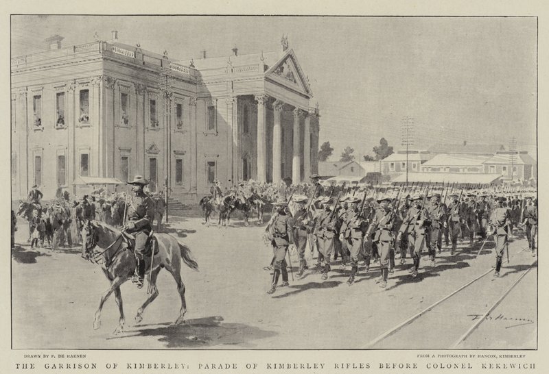 La guarnición de Kimberley, desfile de los rifles de Kimberley ante el coronel Kekewich de Frederic de Haenen