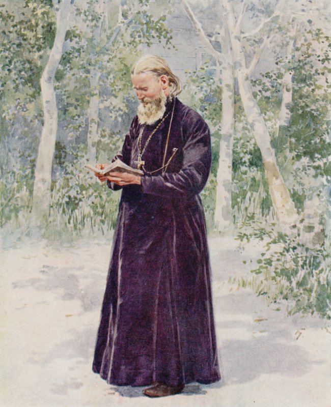 El difunto Padre John de Cronstadt en su jardín de Frederic de Haenen