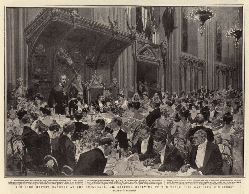 El banquete del alcalde en el Guildhall, el Sr. Balfour respondiendo al brindis, los ministros de Su Majestad de Frederic de Haenen