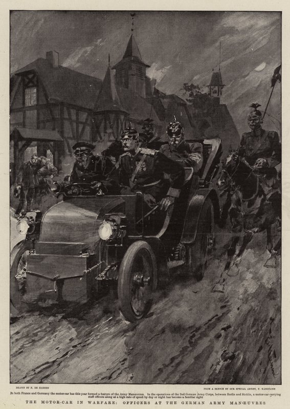 El automóvil en la guerra, oficiales en las maniobras del ejército alemán de Frederic de Haenen