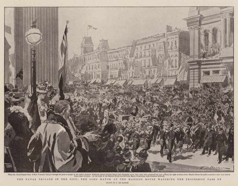 La brigada naval en la ciudad, el alcalde en la Mansion House viendo pasar la procesión de Frederic de Haenen