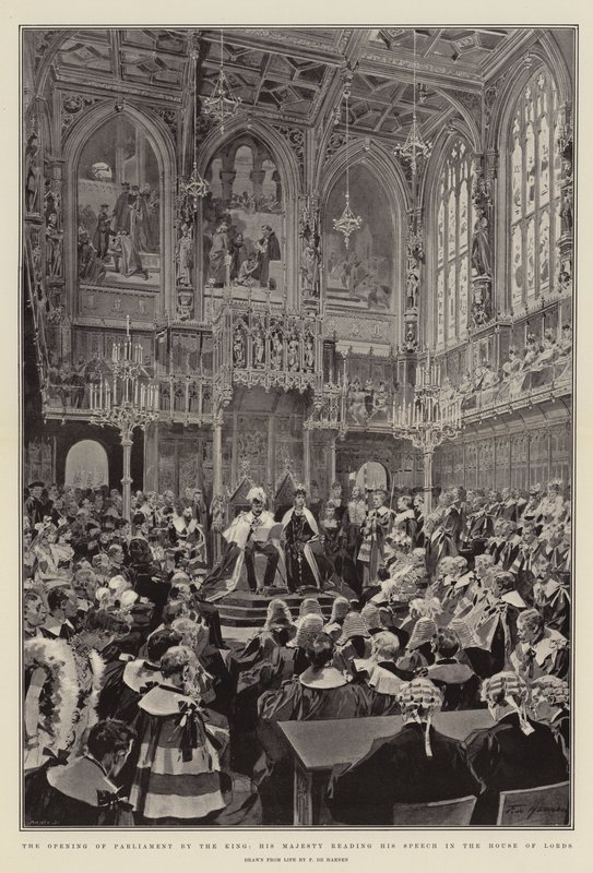 Apertura del Parlamento por el Rey, Su Majestad leyendo su discurso en la Cámara de los Lores de Frederic de Haenen