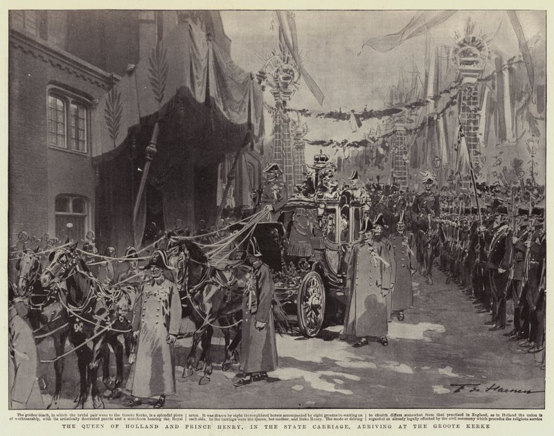 La Reina de Holanda y el Príncipe Enrique, en el carruaje estatal, llegando a la Groote Kerke de Frederic de Haenen