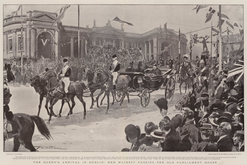 La llegada de la Reina a Dublín, Su Majestad pasando por la Antigua Casa del Parlamento de Frederic de Haenen