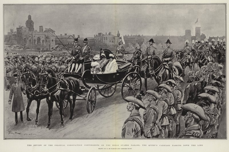 La Revisión de los Contingentes de la Coronación Colonial en el Desfile de la Guardia de Caballos, el Carruaje de la Reina pasando por la Línea de Frederic de Haenen