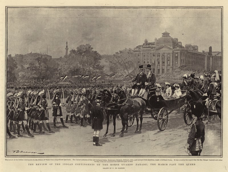 La Revista de los Contingentes Indios en el Desfile de la Guardia de Caballos, el Paso de la Reina de Frederic de Haenen