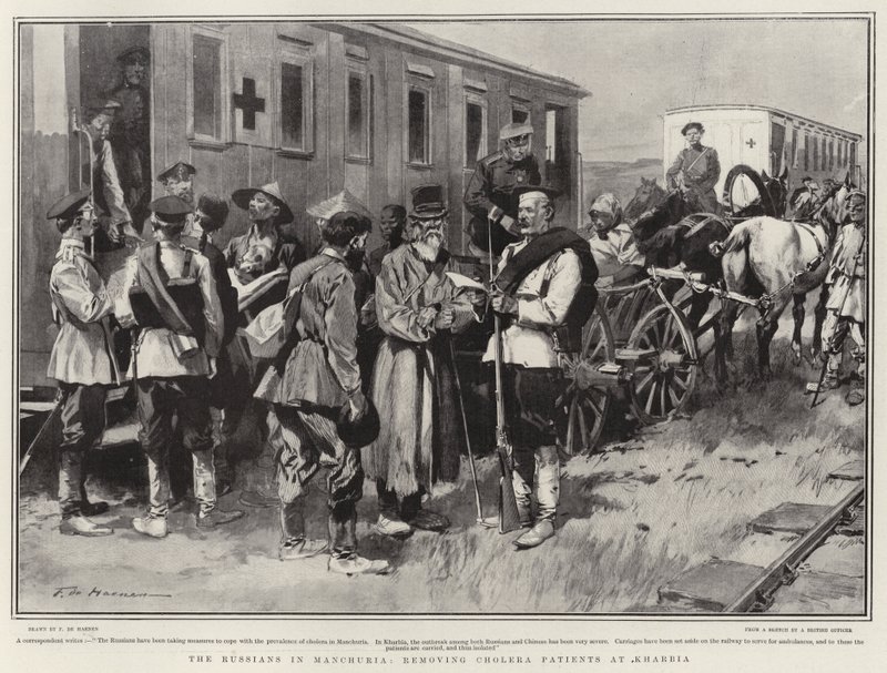 Los rusos en Manchuria, removiendo pacientes de cólera en Kharbia de Frederic de Haenen