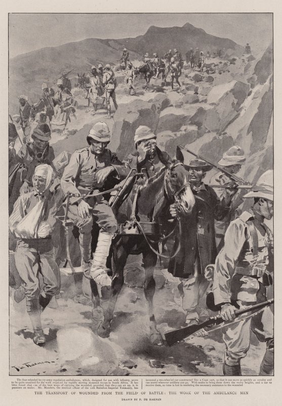El transporte de heridos desde el campo de batalla, el trabajo de los hombres de la ambulancia de Frederic de Haenen