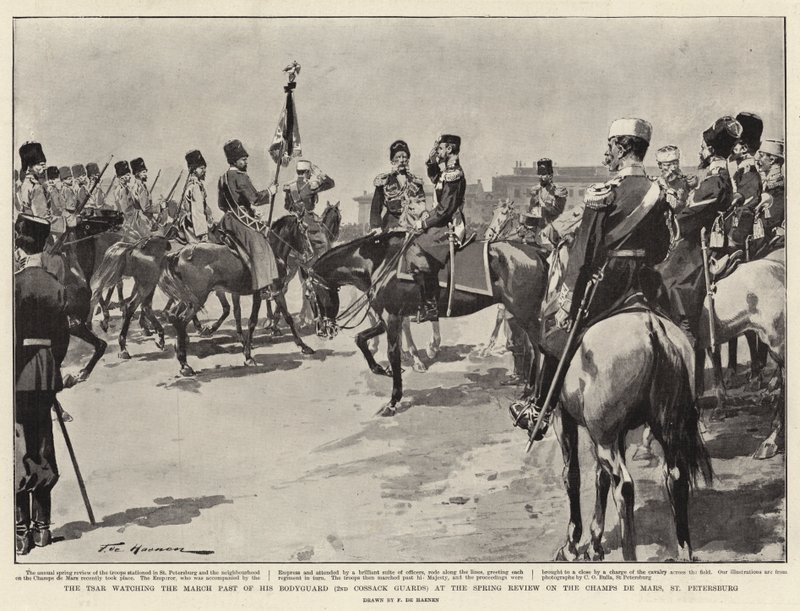 El Zar observando el desfile de su Guardia Real (2º Guardias Cosacos) en la revisión de primavera en el Campo de Marte, San Petersburgo de Frederic de Haenen