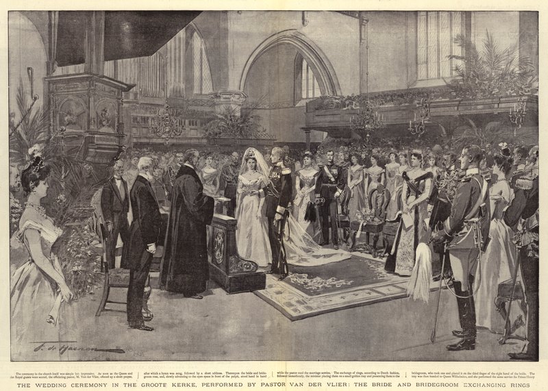 La ceremonia de la boda en la Groote Kerke, realizada por el pastor Van der Vlier, los novios intercambiando anillos de Frederic de Haenen