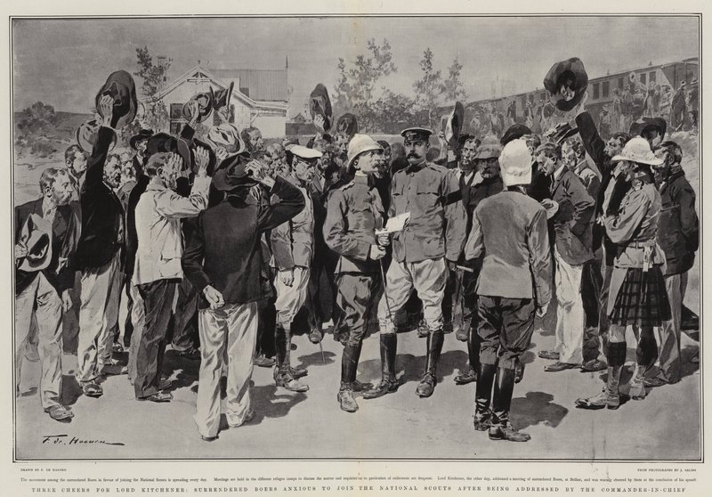Tres Vivas por Lord Kitchener, Bóers Rendidos Ansiosos de unirse a los Scouts Nacionales después de ser dirigidos por el Comandante en Jefe de Frederic de Haenen