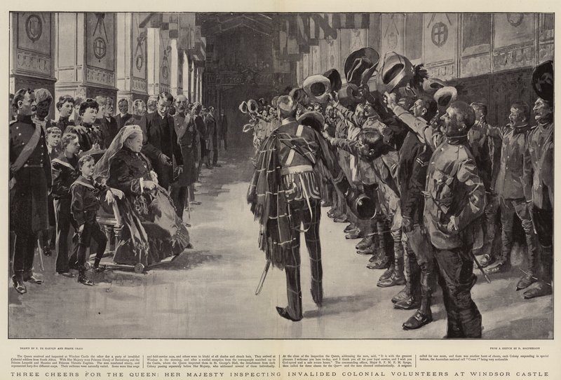 Tres Vivas por la Reina, Su Majestad inspeccionando a los Voluntarios Coloniales Invalidos en el Castillo de Windsor de Frederic de Haenen