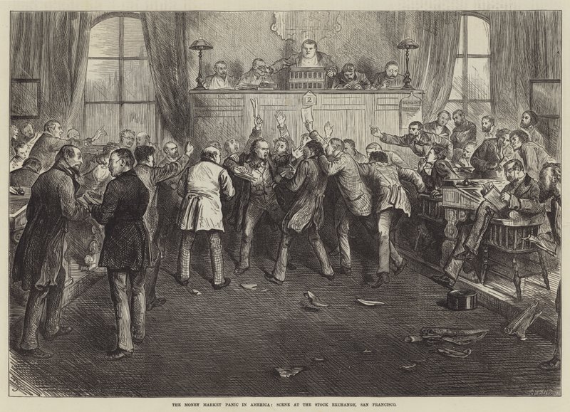 El pánico del mercado monetario en América, escena en la Bolsa de Valores, San Francisco de Frederick Barnard