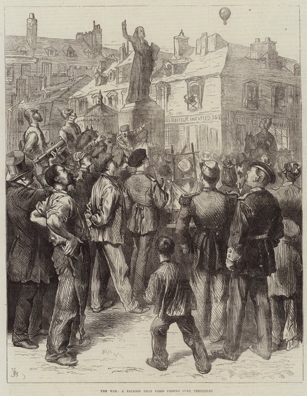 La guerra, un globo de París pasando sobre Versalles de Frederick Barnard