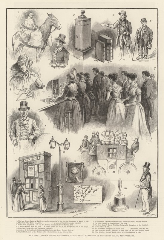 La Celebración del Jubileo del Correo de Un Penique en Guildhall, Exhibición de Reliquias de la Oficina de Correos y Retratos de Frederick George Kitton