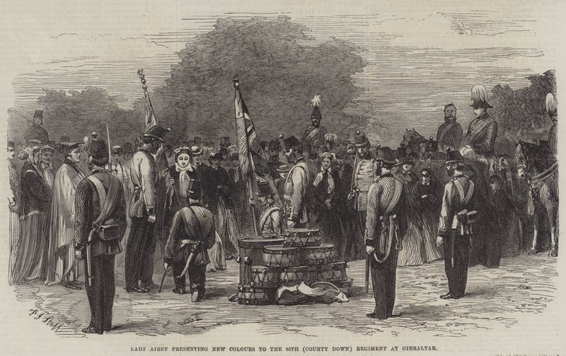 Lady Airey presentando nuevos colores al 86º Regimiento (County Down) en Gibraltar de Frederick John Skill
