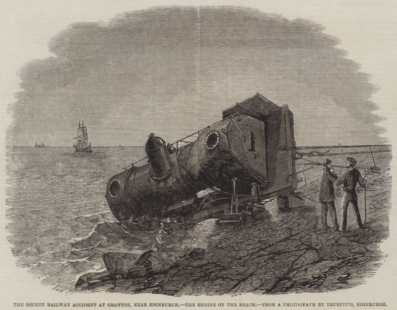 El Reciente Accidente Ferroviario en Granton, cerca de Edimburgo, la Locomotora en la Playa de Frederick Morgan