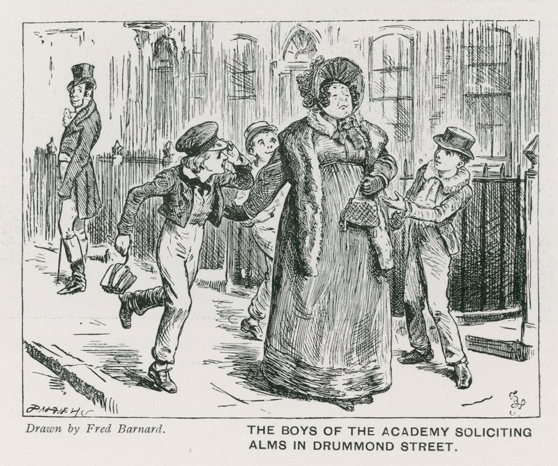 Los chicos de la Academia Wellington House solicitando limosnas en Drummond Street (grabado) de Frederick (after) Barnard