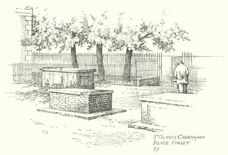 Patio de la iglesia de St Olave, Silver Street (litografía) de Frederick Adcock