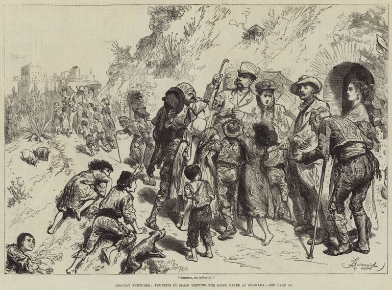 Bocetos de vacaciones, turistas en España visitando las cuevas gitanas en Granada de Frederick Barnard