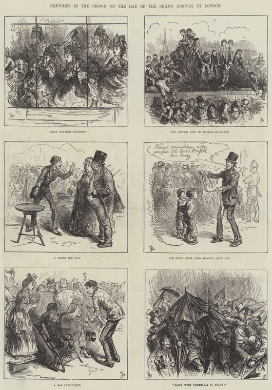 Bocetos en la multitud el día de la llegada del Shah a Londres de Frederick Barnard