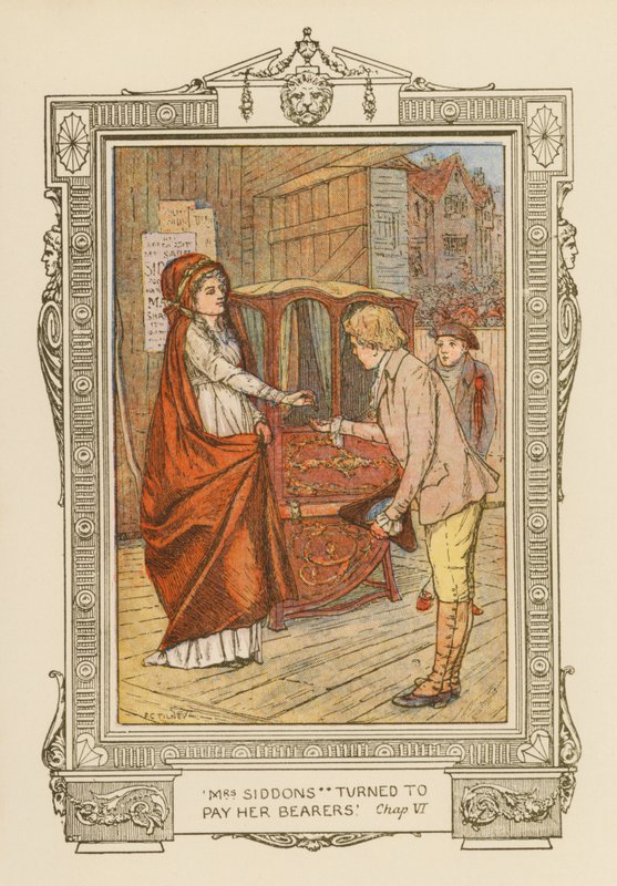 "La Sra. Siddons se volvió para pagar a sus portadores" (litografía en color) de Frederick Colin Tilney