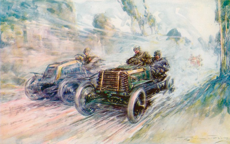 Un piloto británico, Charles Jarrott, gana el Circuito de las Ardenas de 1902 con el famoso "70" Panhard (litografia en color) de Frederick Gordon (after) Crosby