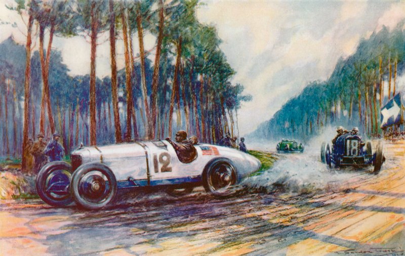 El primer éxito de Estados Unidos en un Gran Premio se produjo cuando el Duesenberg de Jimmy Murphy tuvo éxito en Le Mans en 1921 (litografia en color) de Frederick Gordon (after) Crosby