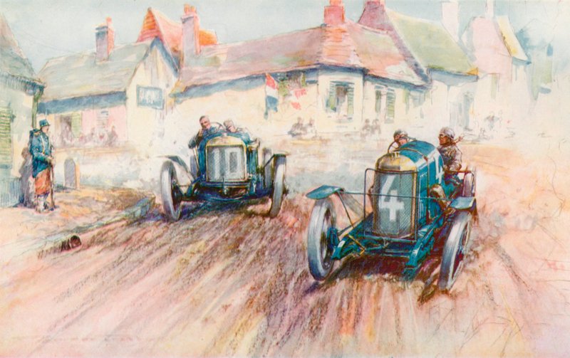 Bablot conduciendo el Delage No 10 de 3 litros persiguiendo al Peugeot de Boillot en la carrera Voiturette de 1911 en Boulogne (litografia en color) de Frederick Gordon (after) Crosby