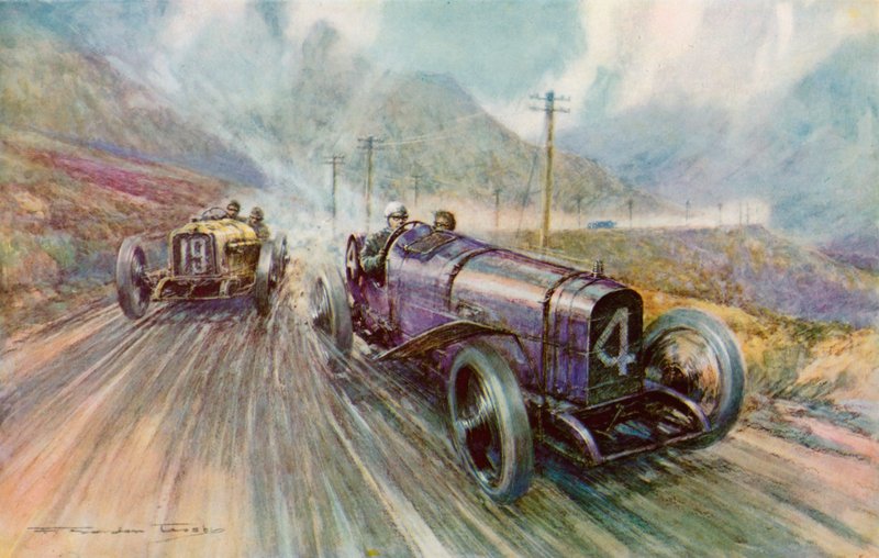 K Lee Guinness con Sunbeam en la carrera Tourist Trophy de dos días de 600 millas en la Isla de Man, que ganó a 56,44 mph (litografia en color) de Frederick Gordon (after) Crosby