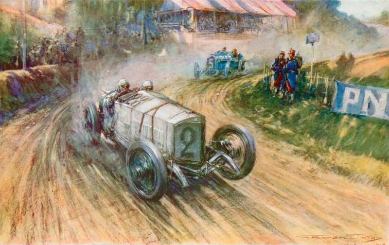 Lautenschlager con el Mercedes alemán y Boillot con el Peugeot francés en su gran pugna durante el Gran Premio de 1914 (litografia en color) de Frederick Gordon (after) Crosby